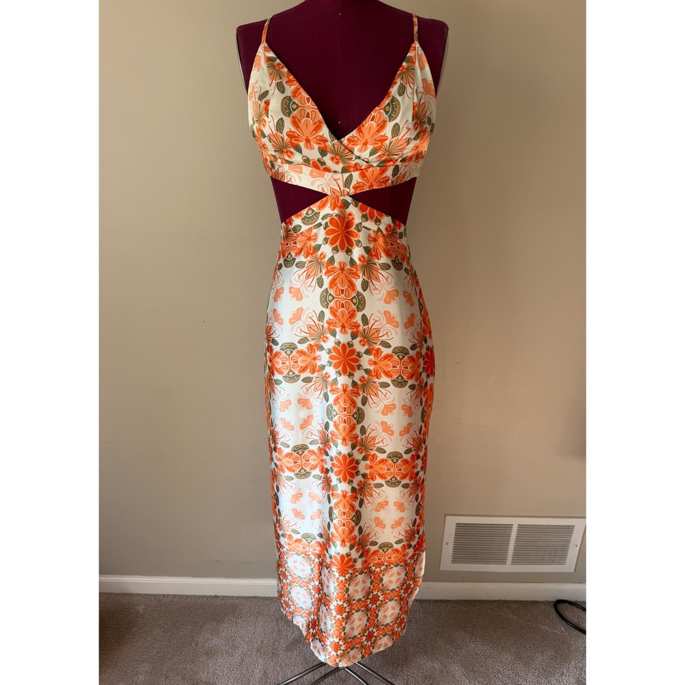 House of Harlow Midi Dress Floral Cutout Satin Slip Sleeveless Orange Size Small - Picture 2 of 10